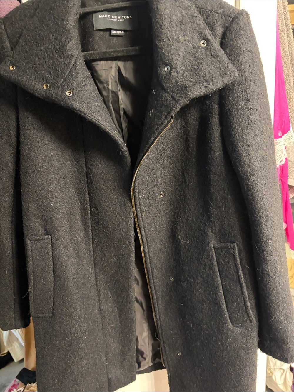 Marc New York Charcoal Black Hooded Wool-Blend Pea Coat with Zip